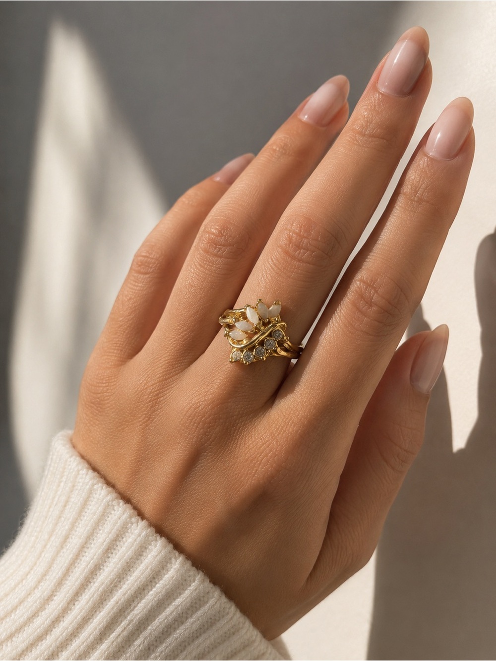 Vintage Faux Opal Gold Tone Rhinestone CZ Ring Floral Leaf Design